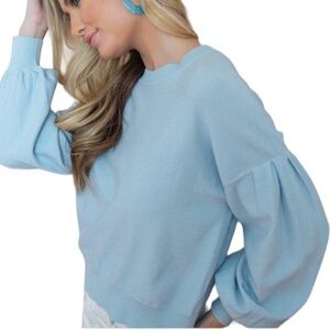 Lucy Paris Louise baby blue puff sleeve crew neck sweater size small